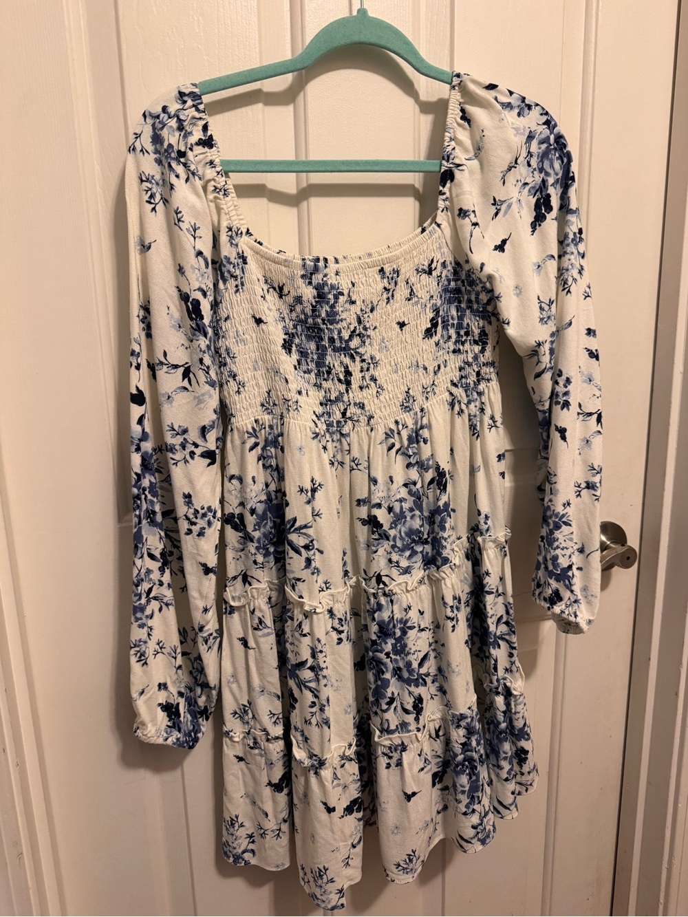 Altar'd State White Dress with Blue Floral Print and Smocked Bodice